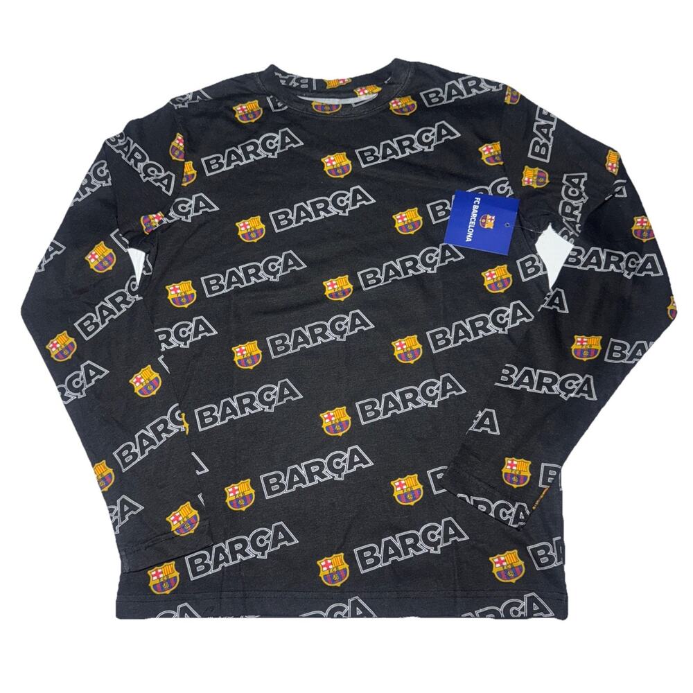 FC Barcelona All Over Print T-Shirt Unisex Kids Size Large Black Long Sleeve
